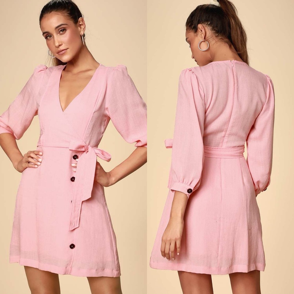 Lulus | Aja Light Pink Three-Quarter Balloon Sleeve Dress